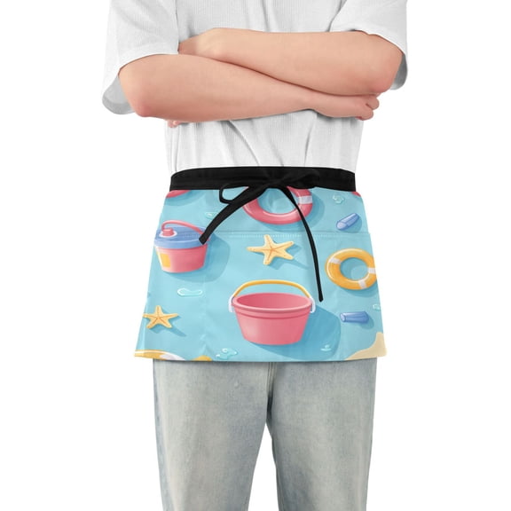 Yayeee Waist Apron with Pockets for Cooking Waterproof Half Server Aprons, Pink Beach Toys Pattern