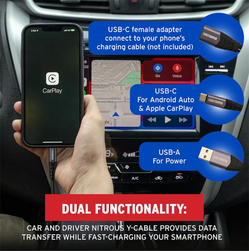 Car and Driver Infotainment Data Cable Kit for Cars ft. 12V Fast Charger, Data Cable for Apple CarPlay, Android Auto, USB-C Fast Charging Terminal, USB-A Data Transfer…