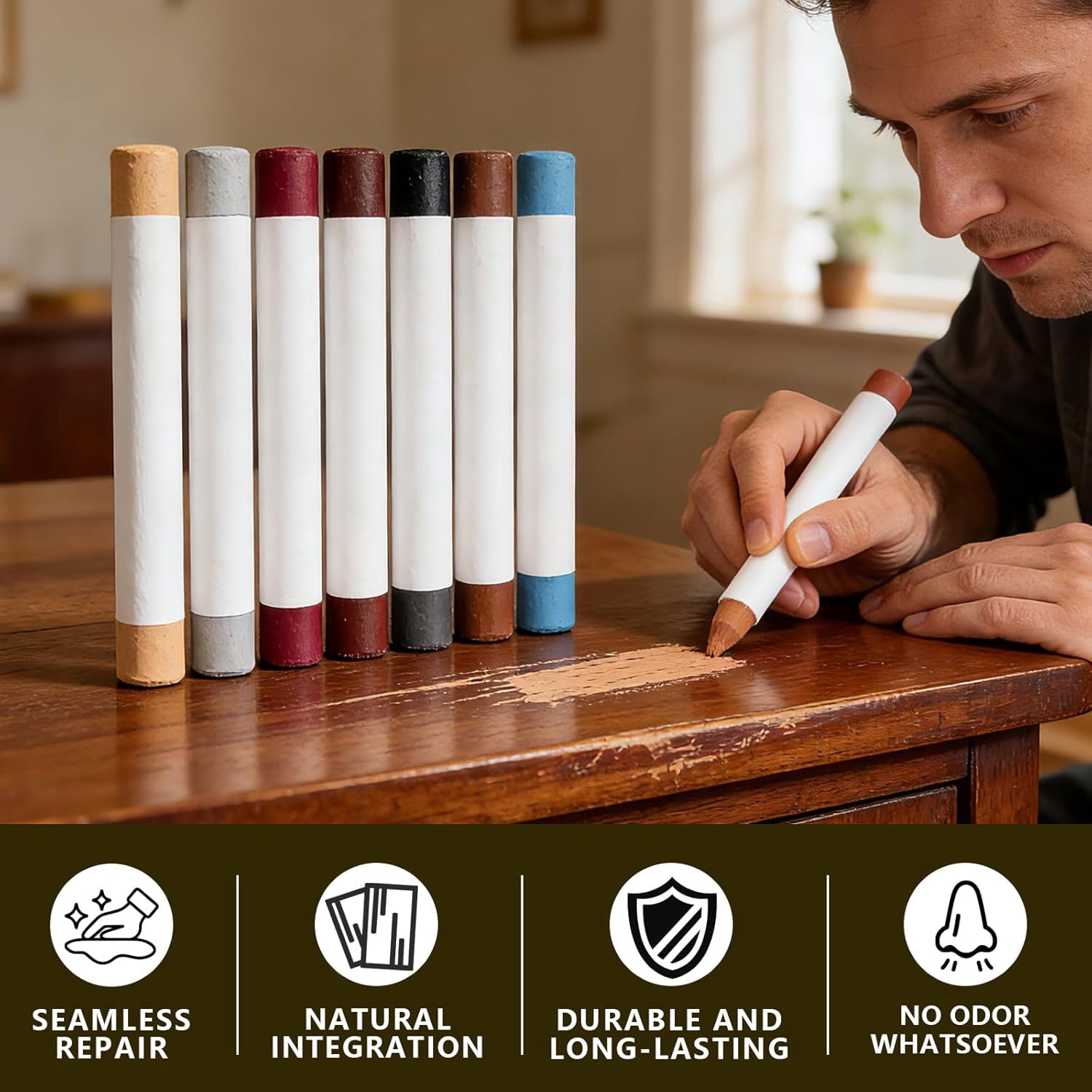 Wood Filler Sticks,10 Colors Wood Crayons for Scratches, Scuffs, Cracks, Stains and Holes, Furniture Wax Crayons Pen for Touch Up Furniture, Floors, Cabinets, Tables, and Doors