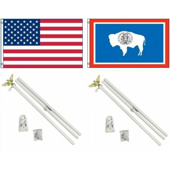 3x5 USA American & State of Wyoming Flag & 2 White Pole Kit Sets 3'x5'