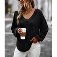 thumbnail image 4 of Camisa de manga larga para mujer, cuello en V, Color puro, corte holgado, Top para mujer con bolsillo en el pecho para el trabajo diario y vacaciones, 4 of 8