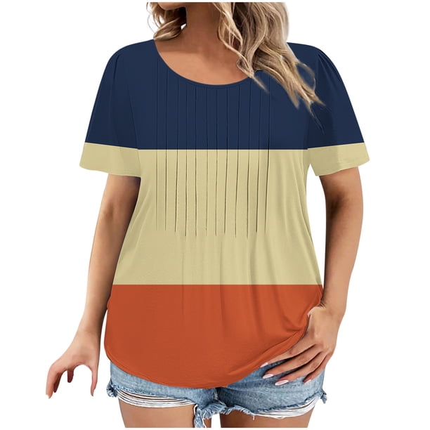 Mujeres Más Tamaño Manga Corta Tops, Moda Impresión Cuello Redondo, Camiseta Más Tamaño Blusa