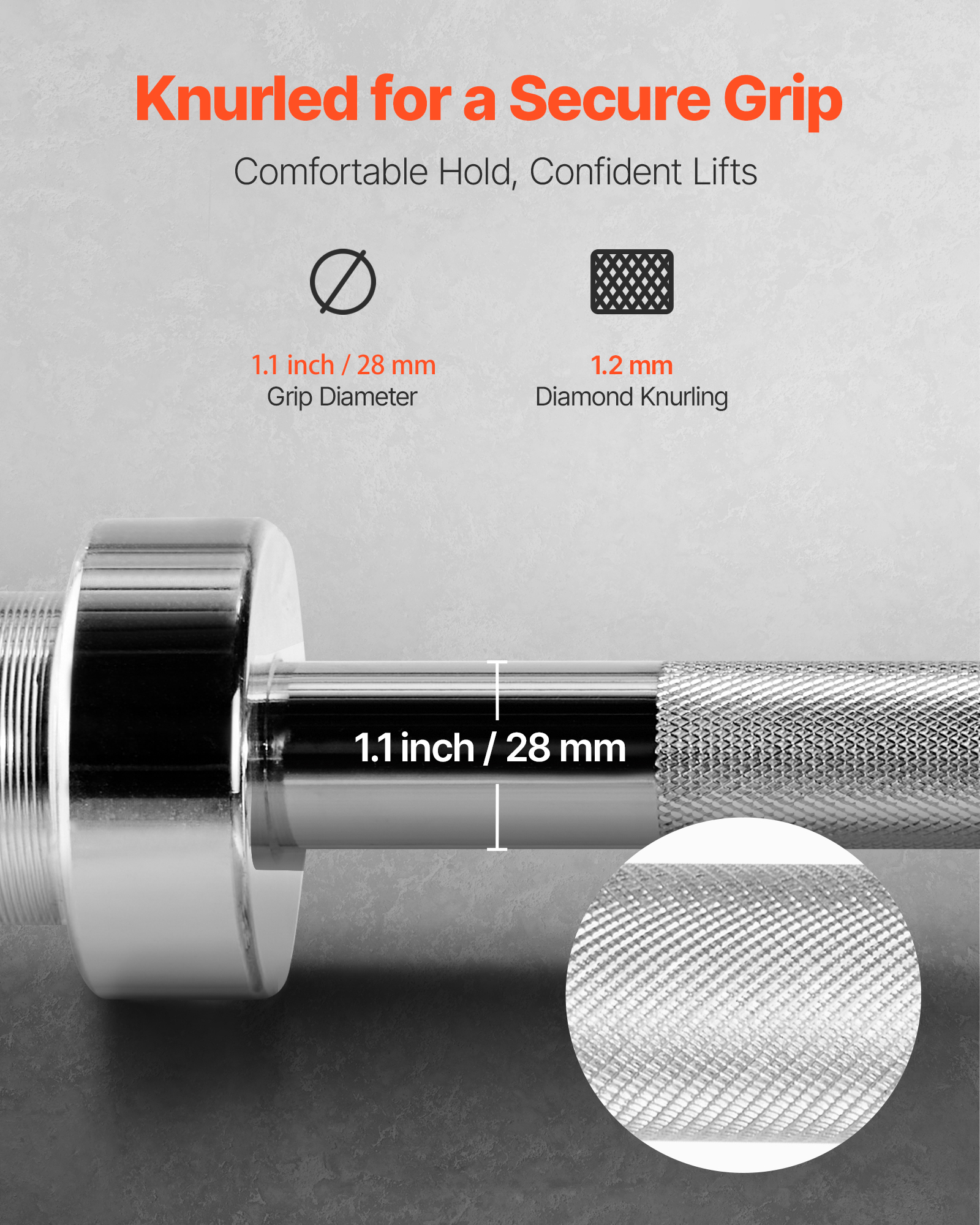 VEVOR 4FT Barbell Bar, Fits 2-Inch Weight Plates, Chrome Plated Barbell Bar with Knurled Grip for Strength Training, Weightlifting, Squat, Deadlift, Bench Press,Curl,Overhead Press,550lbs Capacity