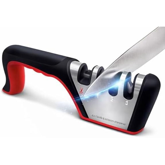 4-in-1 Knife Sharpener with Handle, Manual Kitchen Knife & Scissors Sharpener, 3-Stage Edge Tool for Steel Blades (Red)