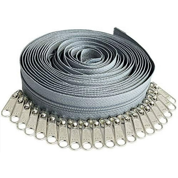 Continuous Chain Zipper YKK #3 Nylon Coil (Colorful) 5 Yards - 20 Nickel Long Pulls (Medium Gray #578)