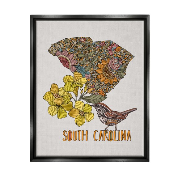 Stupell Industries Detailed South Carolina State Flower Blossoms Pattern Graphic Art Jet Black Floating Framed Canvas Print Wall Art, Design by Valentina Harper