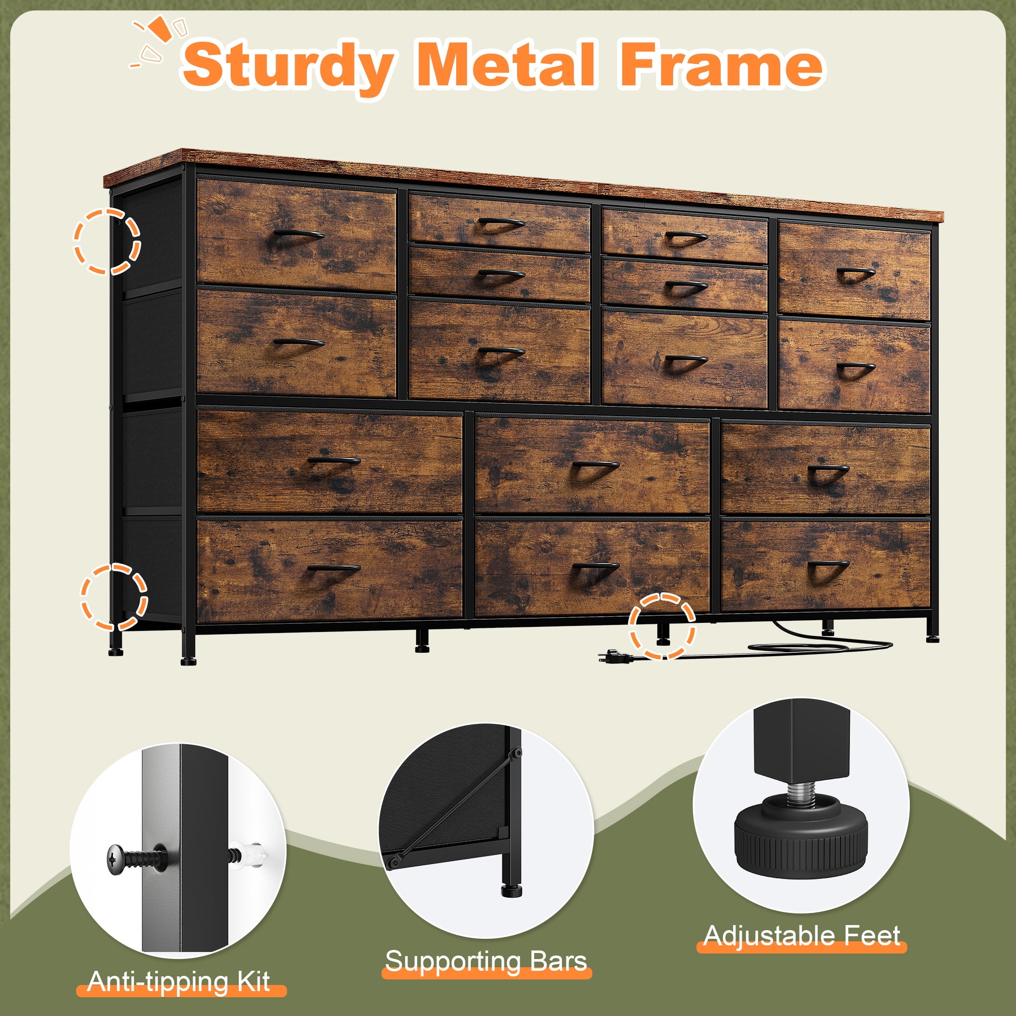 Romorgniz Dresser for Bedroom with 16 Drawers for Closet Fabric Dressers & Chests of Drawers TV Stand with Charging Station, Rustic Brown