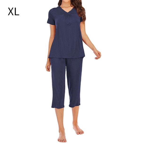Conjunto de ropa de dormir para mujer Pantalones superiores con cuello en V sexy Pijamas modal Ropa de dormir, Azul, XL Vogacara AP001684-09