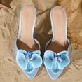 thumbnail image 3 of [On feet & in love] Women's Satin Pointed Toe Mules with Floral Applique - Slip-On Stiletto Heel Dress Sandals,Blue,5.5, 3 of 6