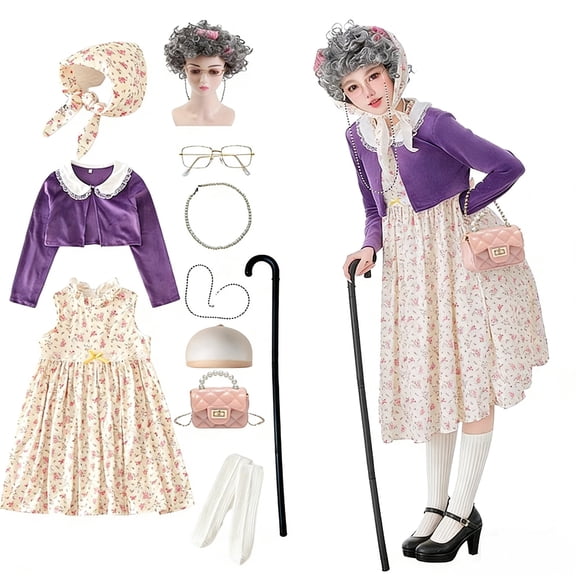 Gingprous Old Lady Dress Up for Kids 100th Day of School Granny Wig Accessories Outfit