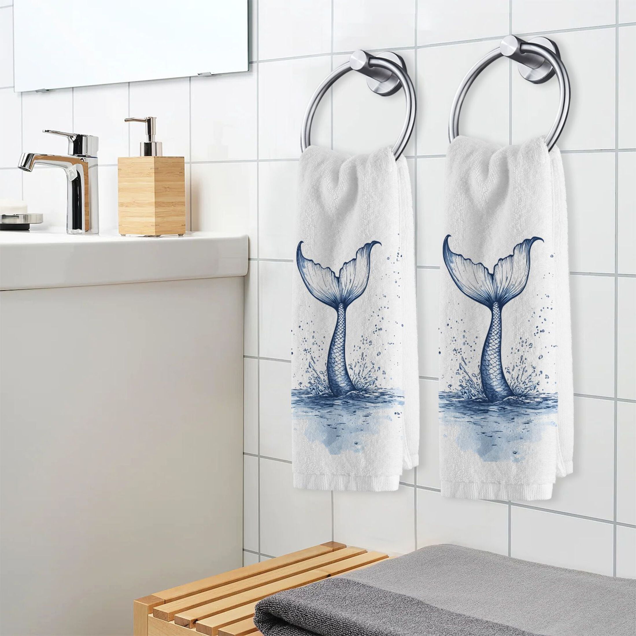Ryvnso Mermaid Tail Hand Towels Set for Bathroom Cotton Face Towel Decorative 15.5x29.5 inch