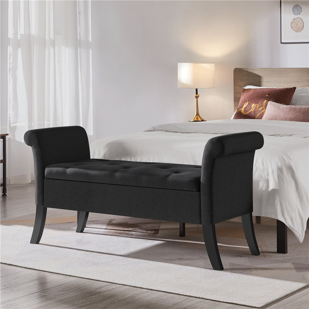 Alden Design Modern Fabric Tufted Storage Bench with Rolled Arms for Home, Black