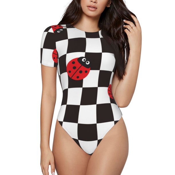 Fotbe Ladybugs Of Black And White Checkers Body de Mujer con Cuello Redondo y Mangas Cortas, Sin Mangas Ajustado, Suave, Cómodo y Básico-X-Large