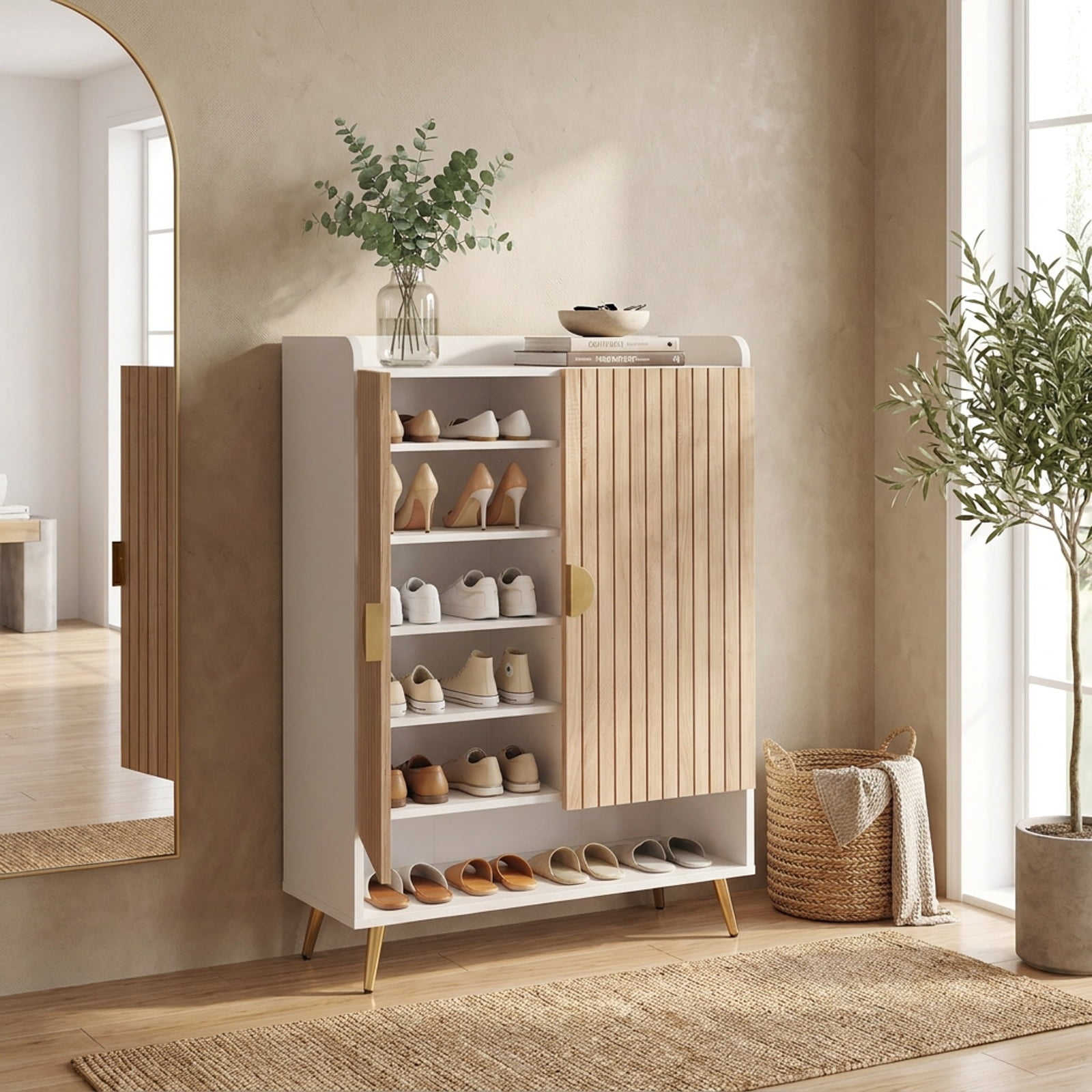 Furnibear 44 Inch Tall Shoe Storage Cabinet with 7 Tier Doors and Adjustable Shelves for Entryway Hallway Closet, Natural