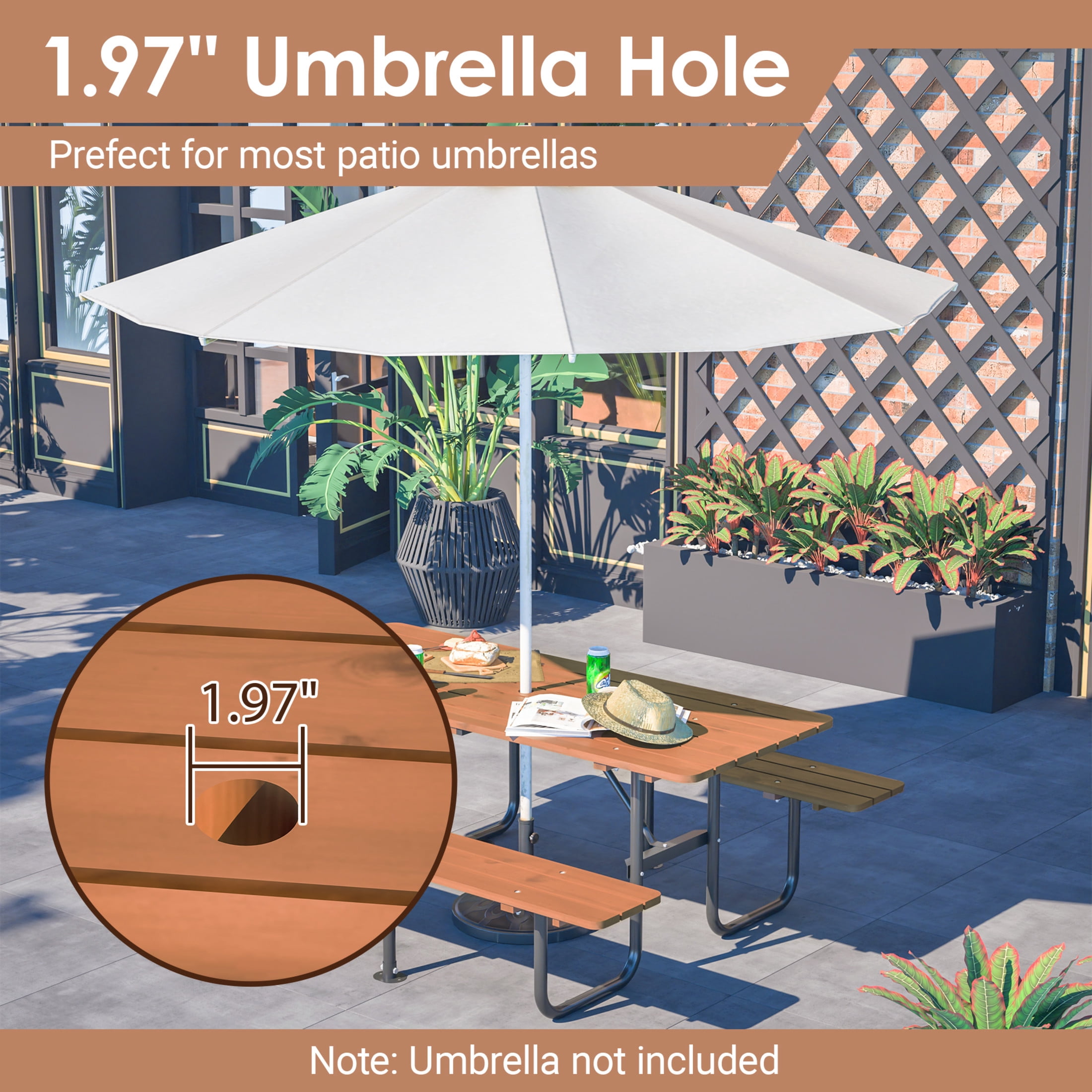 Noble House Alvion Rectangular Outdoor Picnic Set, Fir Wood Table with Built-in Benches and Umbrella Hole, Brown
