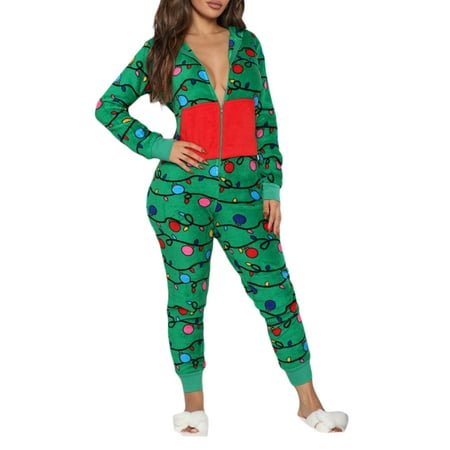 

Women s Christmas Fleece Onesie Pajamas Long Sleeves Zip Up Hooded Holiday Jumpsuit Romper Sleepwear Loungewear