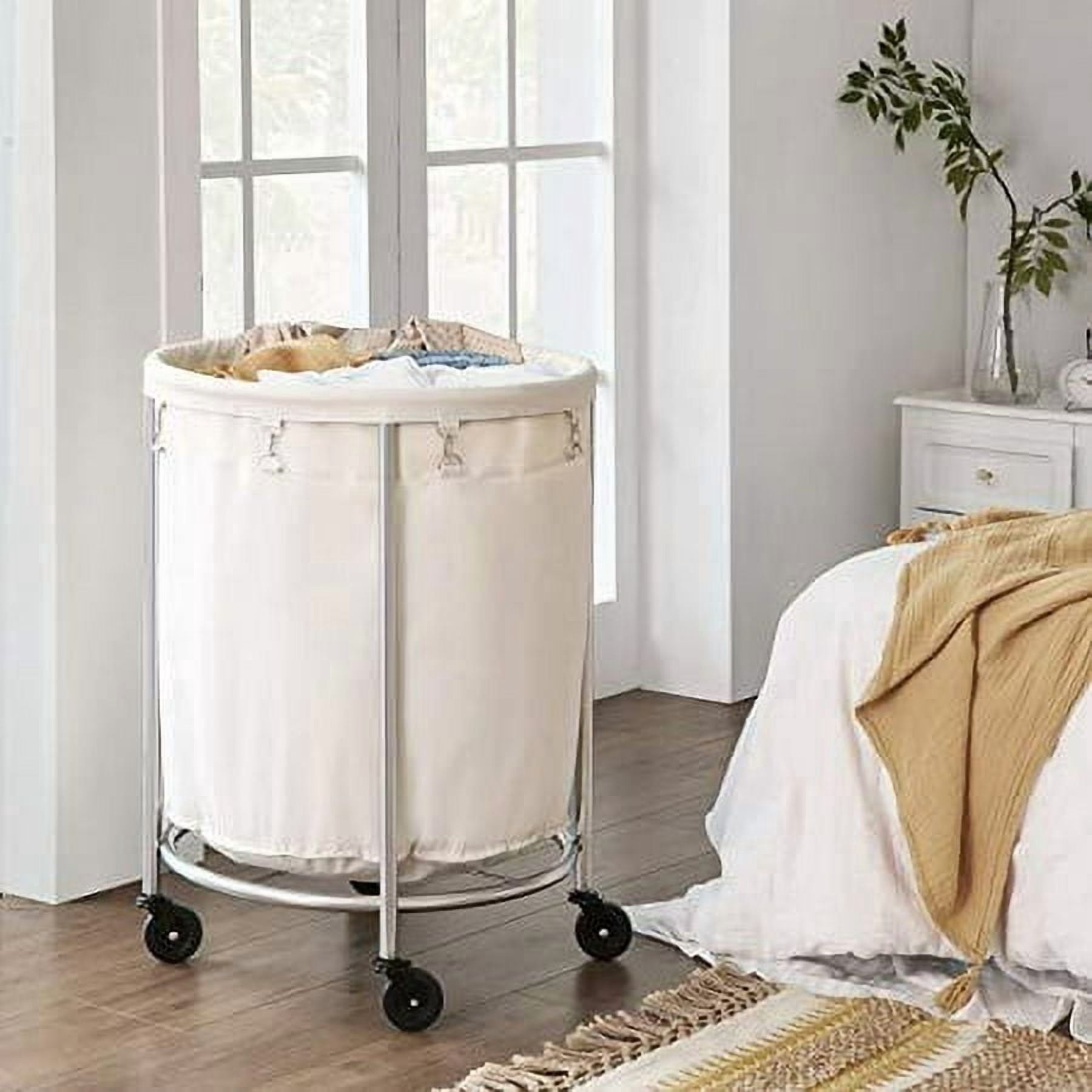 45Gal Round Laundry Sorter Laundry Hamper with Wheels Rolling Laundry Cart with Removable Bag for Laundry Room Cream and Silver