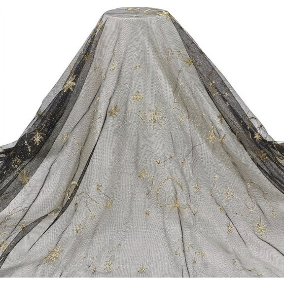 1 Yard Glitter Tulle Fabric 62inch Stars Moon Lace Fabric Polyester Embroidered Mesh Lace Accessories for Wedding Veils Formal Dress Curtain Home Decor Black Black