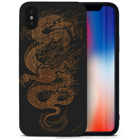 Case Yard Wooden Case for iPhone-XS-Max Soft TPU Silicone cover Slim Fit Shockproof Wood Protective Phone Cover for Girls Boys Men and Women Supports Wireless Charging Dragon Design