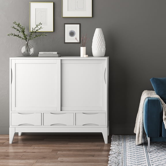 Simpli Home Harper 48 inch Wide Solid Hardwood Mid-Century Modern Medium Storage Cabinet in White