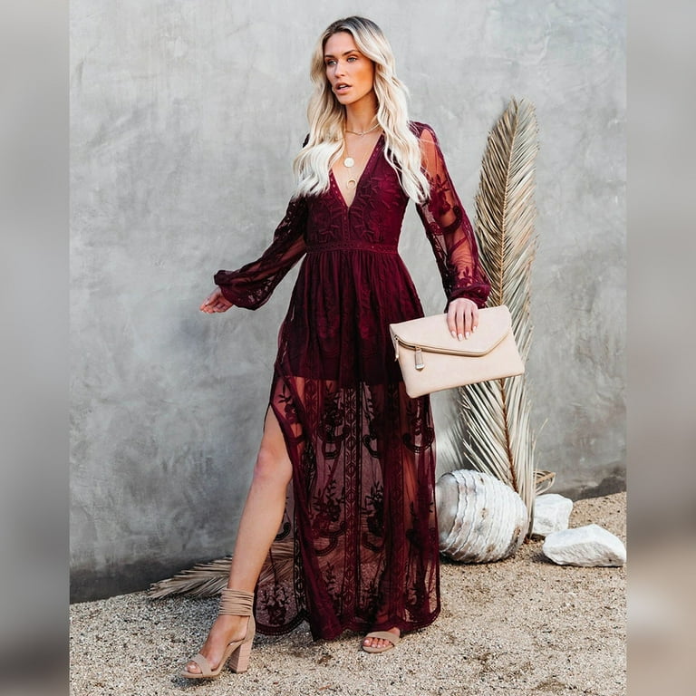 catania lace mesh embroidered bohemian maxi dress v neck Monday Swimwear Catania V-Neck Crochet Maxi Dress - Pool Lace Crochet