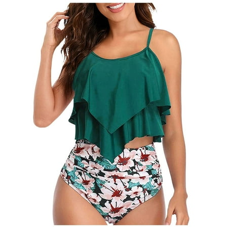 2DXuixsh 2 Pcs Women s Bikini Sets Boho Split Swimsuit Spaghetti Strap Ruffle Vest Control Tummy Vacation Floral Swimsuit High Waist Bikini Sets for Women Beachwear Blue Size L