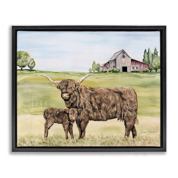 Highland Cow And Calf Black Framed Floater Canvas Wall Art, design by Jean Plout