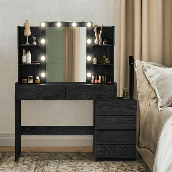 LEDREM Modern LED Vanity Desk with Mirror - 6 Drawers & 4 Open Shelves, Dimmable Lights (10 Bulbs), Sturdy Particleboard, Easy Assembly, Ebony Black