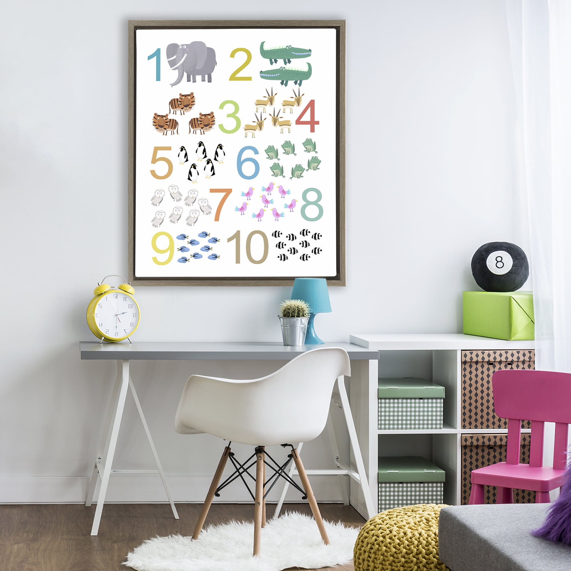 Kid's Counting Animals Brown Framed Floater Canvas Wall Art, design by Carla Daly