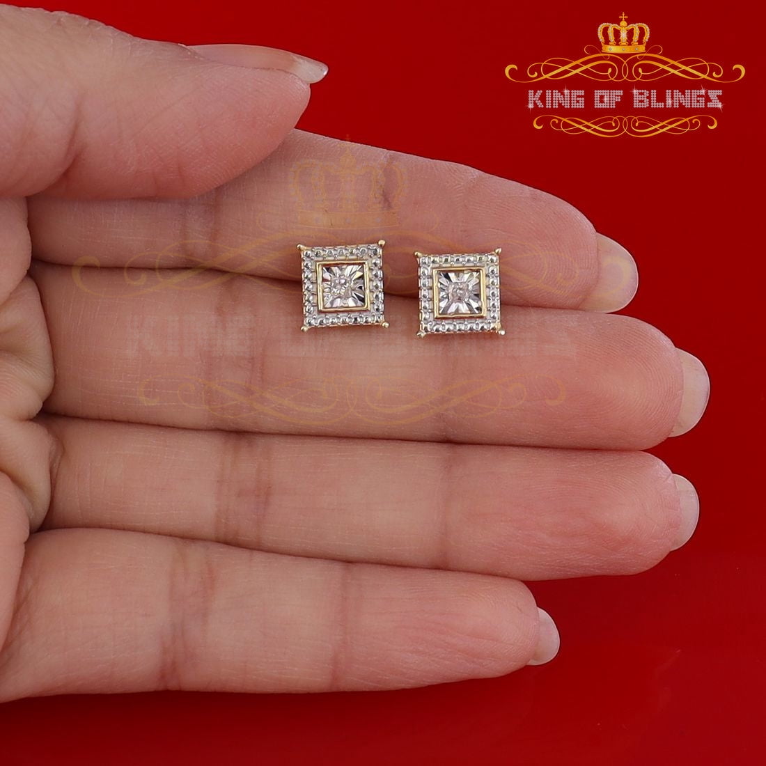 King of Bling's 0.10ct Diamond Stud Earrings Yellow 925 Sterling Silver For Men's & Women's