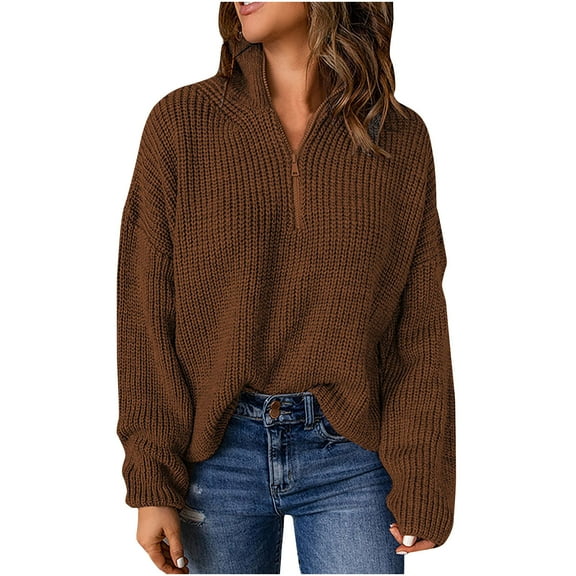 QIPOPIQ Womens Sweaters Clearance Fashion Drop Shoulder Sweater Color Long Sleeve Pullove Shirt Sweater Tops Knitwear Brown M