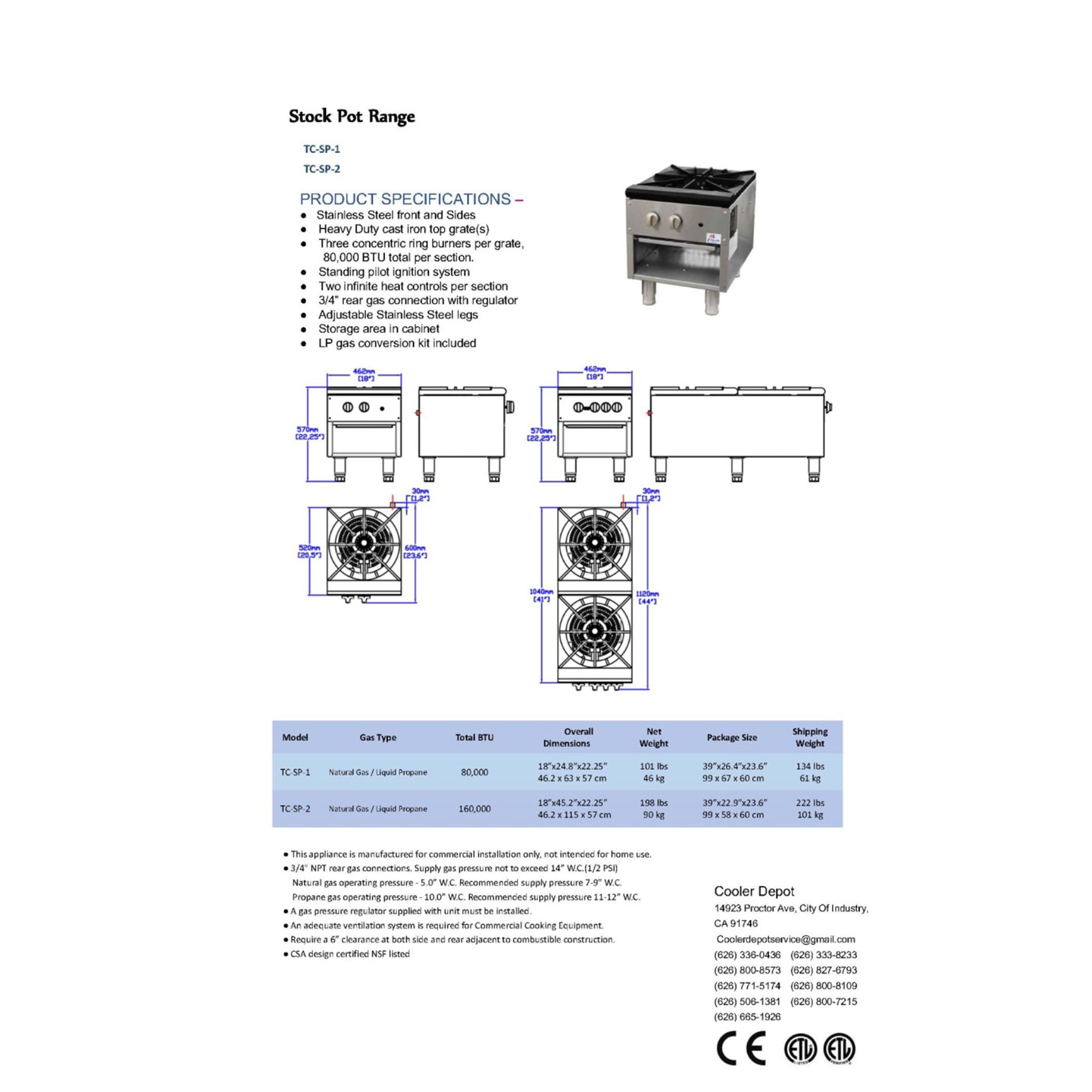 18 in. 160,000BTU 2 Burners Gas Stove, Propane Countertop Commercial Range, Outdoor Cooker, Stock Pot Range NSF ETL
