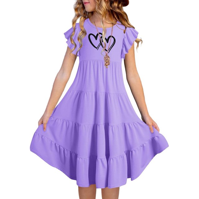 Girls Spring Dresses Child Toddler Girls Summer Double Layer Flutter Sleeve Flowy A Line Dress with Gradient Flower Print Toddler Dresses Purple 8 Years-9 Years