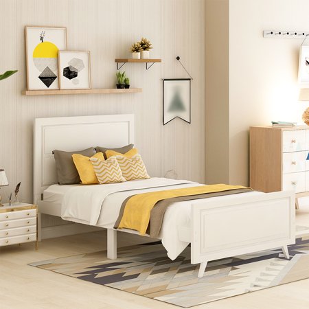 Goory Sturdy Slat Support Twin Beds Durable Home Easy Assembly Platform Bed Wood Mattress Foundation Bedroom White