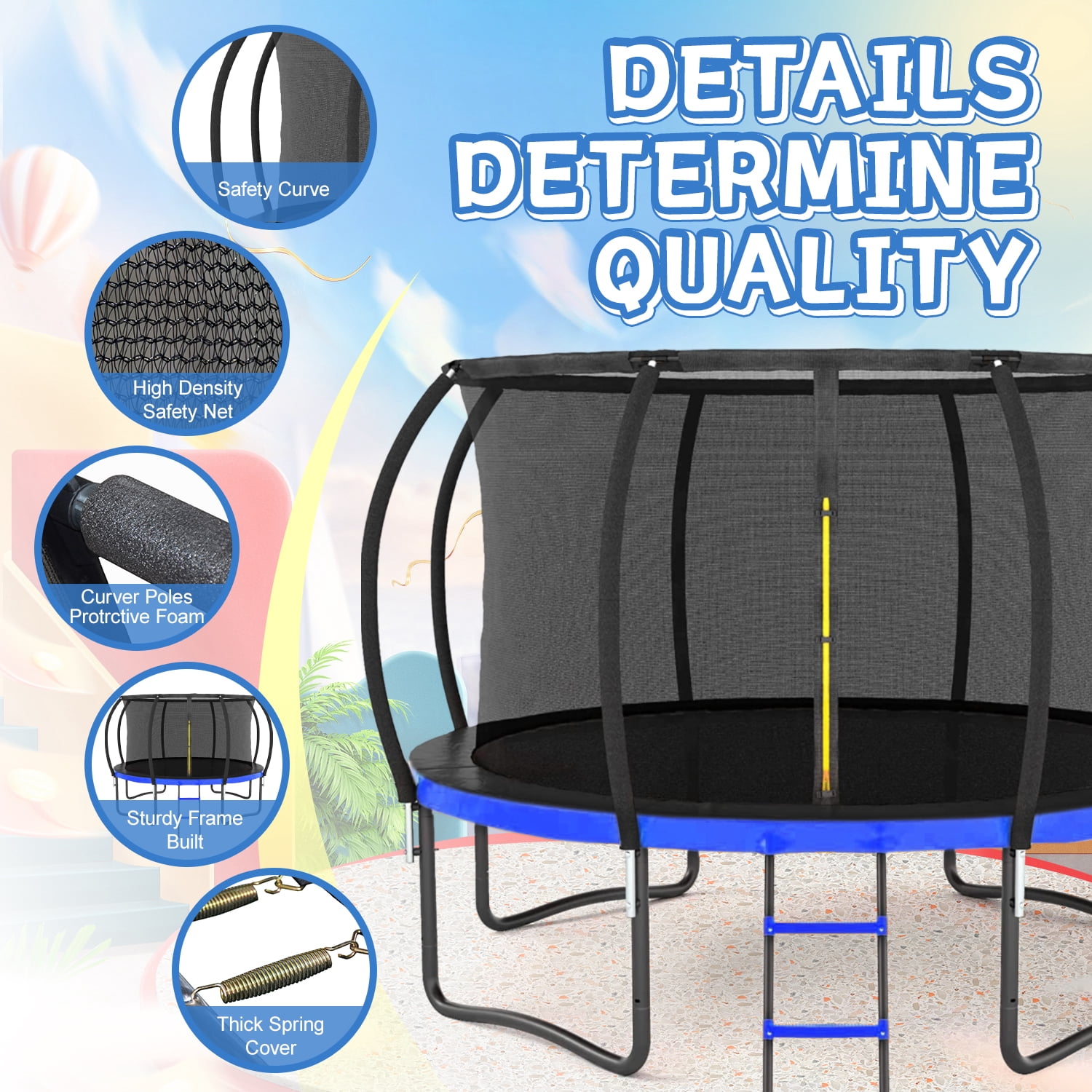 GUTALOR 12FT Outdoor Trampoline with Safety Enclosure - Black & Blue Kids' Trampoline with Ladder and Padding
