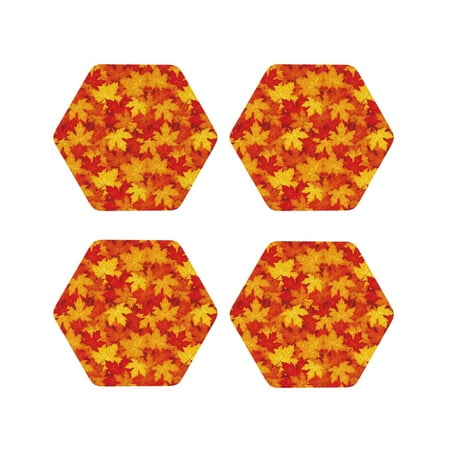 

KLL Drink Coasters Set Hexagon of 4 PU Leather Absorbent Coasters Set Decorative Coffee Cup Coasters Housewarming Gift for Home Decor-Vintage maple leaves autumn