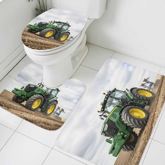 Farmhouse Bathroom Rugs Set Rustic Country Green Bulldozers Realistic Well Farmland Non Slip Absorbent Soft Bath Mats 3 Piece Set with Bathroom Rug, U-Shaped Floor Mat, Toilet Seat Cover Small Size