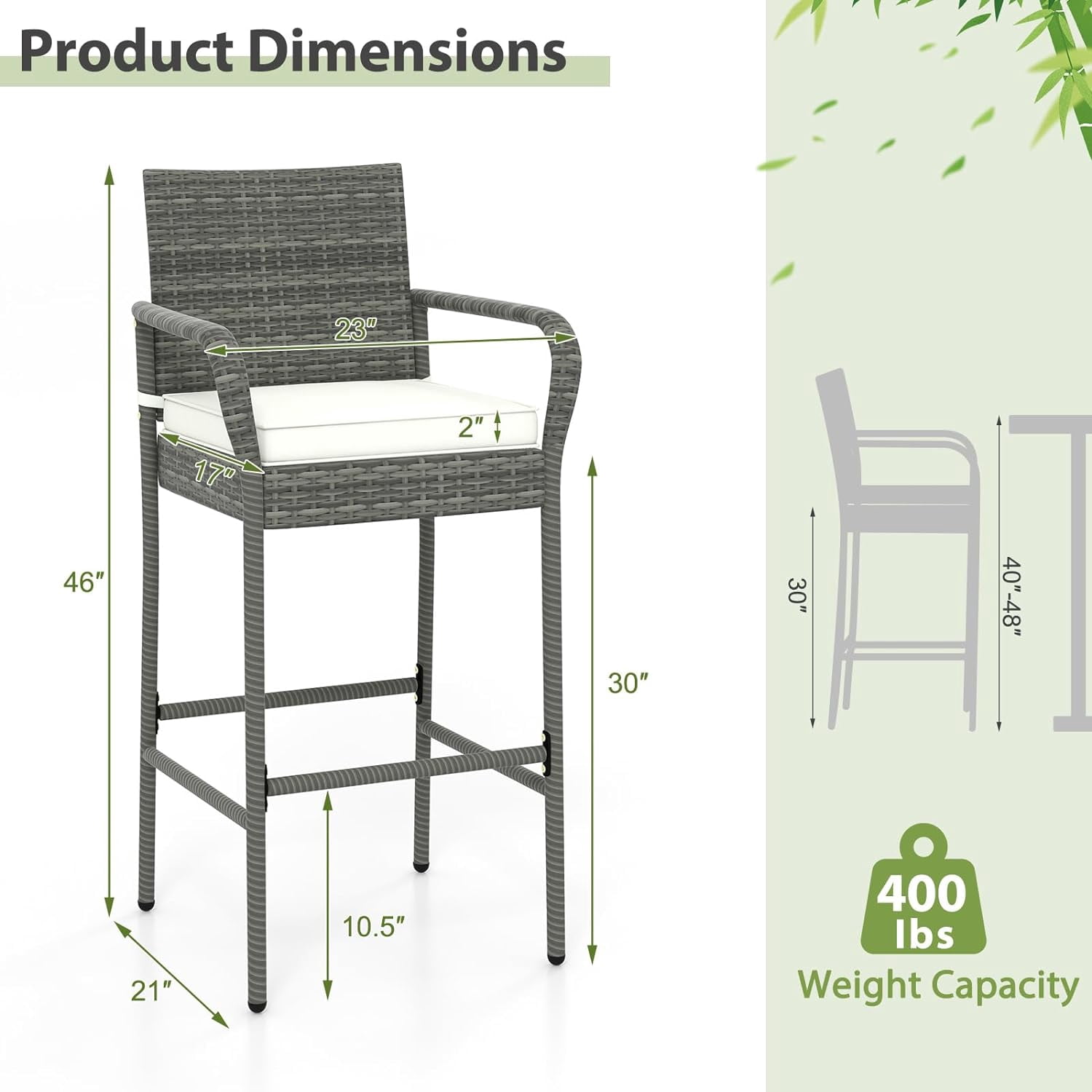 2 Pcs Outdoor Wicker Rattan Patio Bar Stools Counter Bar Height Chairs,Cushions,Mix Gray