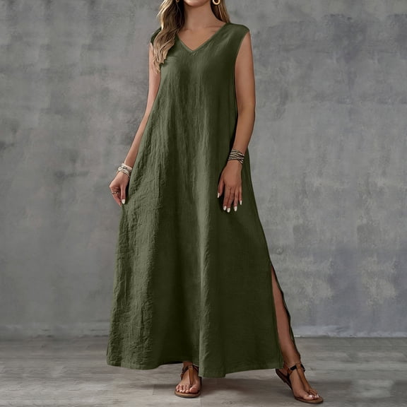ClodeEU Women's V Neck Sleeveless Maxi Dress with Side Slit, Casual Solid Color Loose Flowy Dress Army Green,Women's Plus L