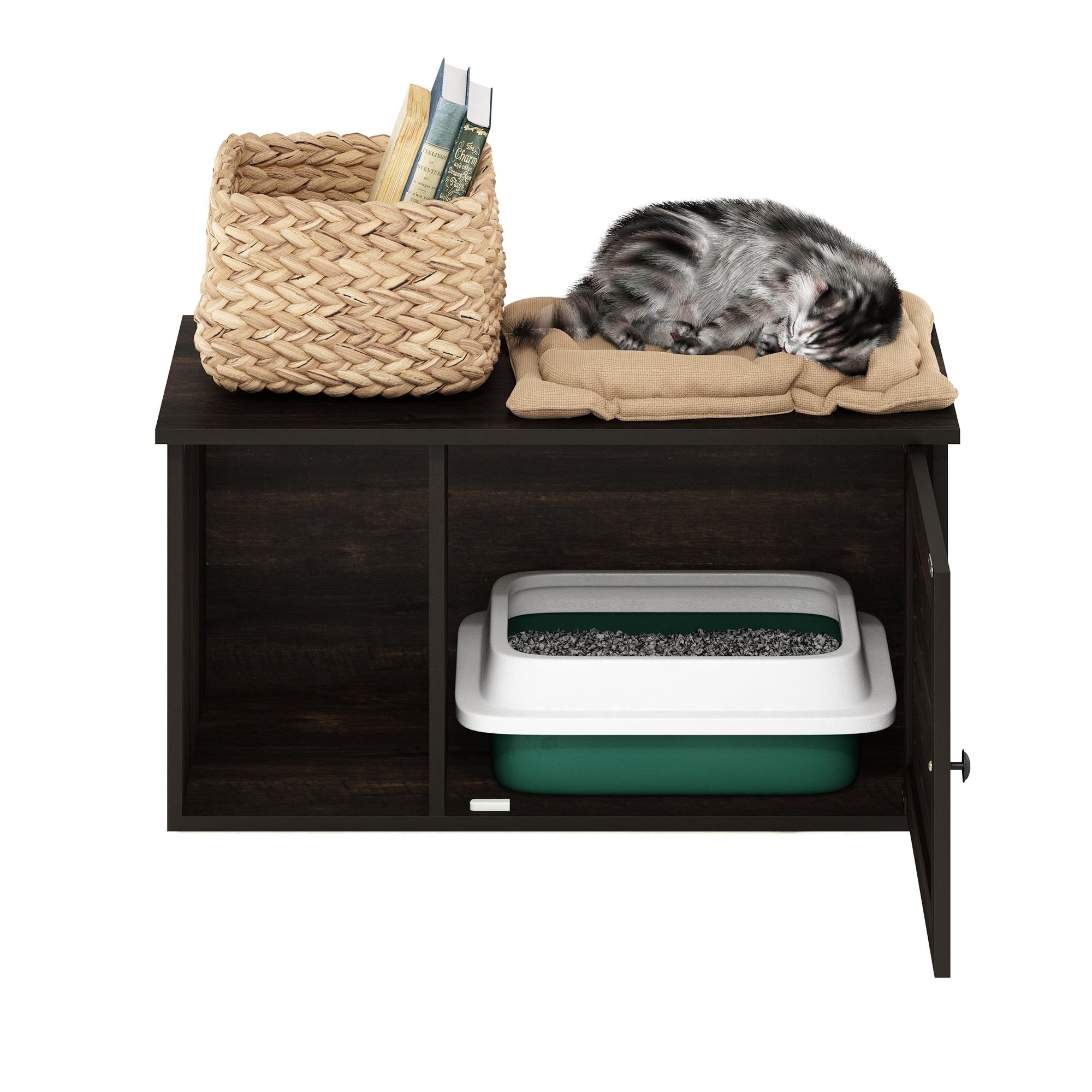 Furinno PELI Cat Litter Box Enclosure, Farmhouse Hidden Litter Box Furniture with Side Entrance, Wooden Pet House with Slatted Door, Easy Assembly, for Living Room, Ebony