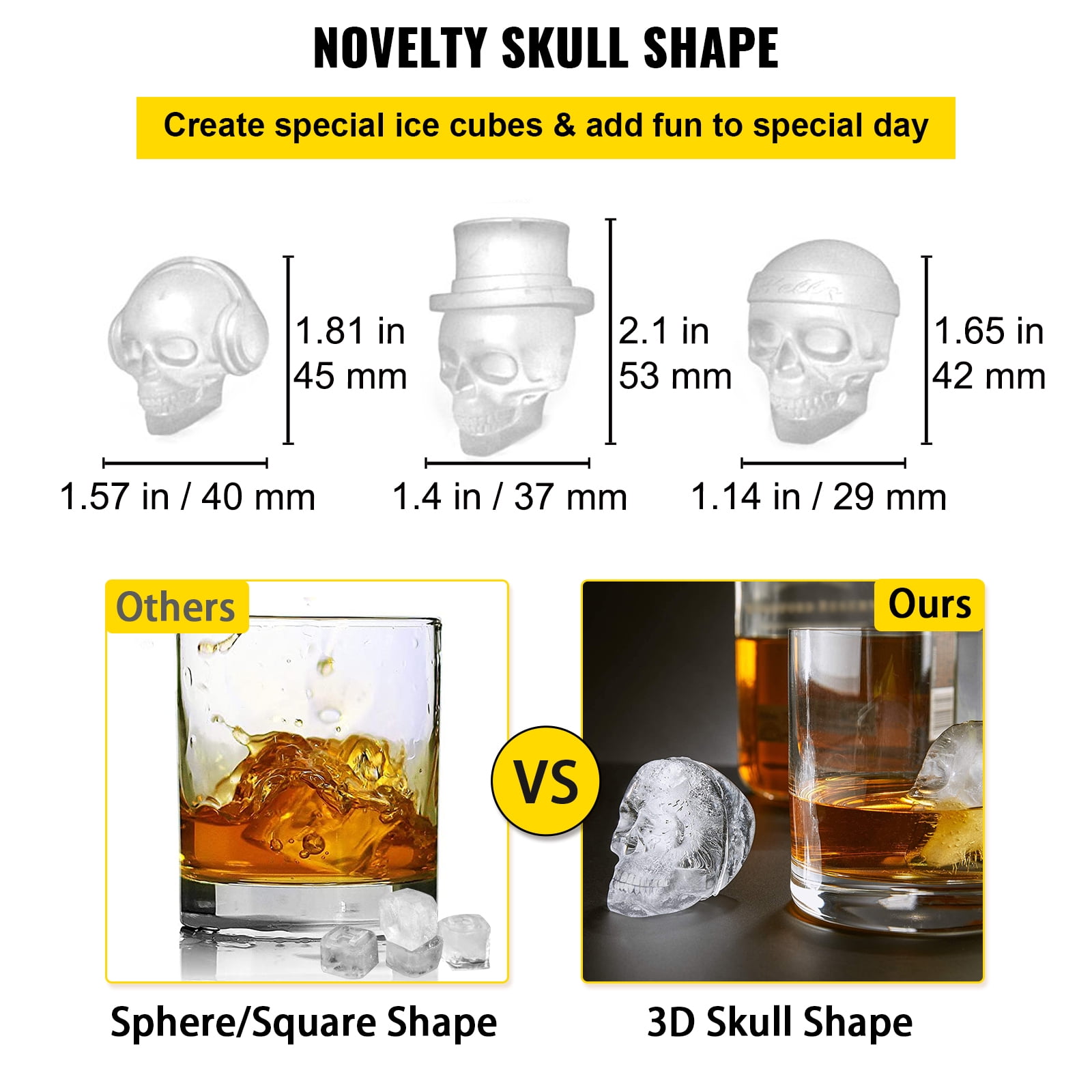 VEVOR Skull Ice Cube Tray, 4-Grid Skull Ice Ball Maker, Flexible Black  Silicone Ice Tray with Lid & Funnel, Funny Skull Ice Cubes 1.6x1.8 Each  for Beverage, Chocolate, etc. on Parties 