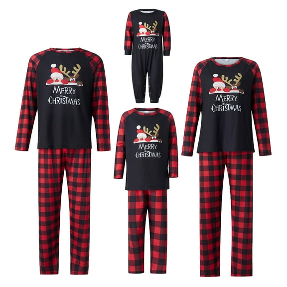 Matching Family Christmas Pajamas Set, Santa Elk Print Long Sleeve Letters Print T-shirt with Plaid Pants
