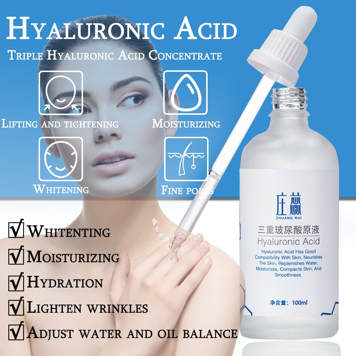 100ml Hyaluronic Acid HA Firm Anti Aging Wrinkles Moisturizing Hydro