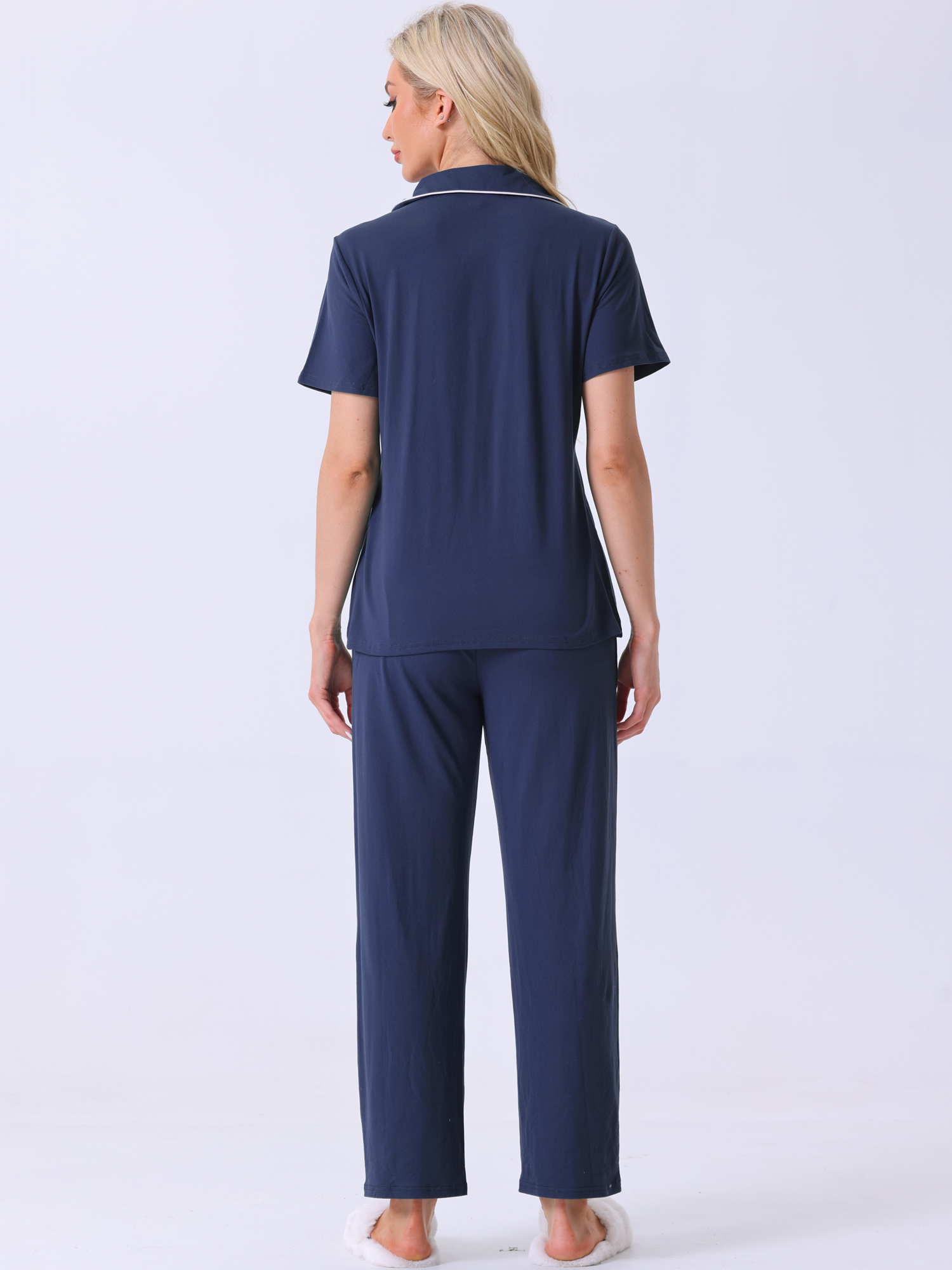 DARING DIVA Women's Pajama Set Button Down Soft Short Sleeve Long Pants 2XL Navy