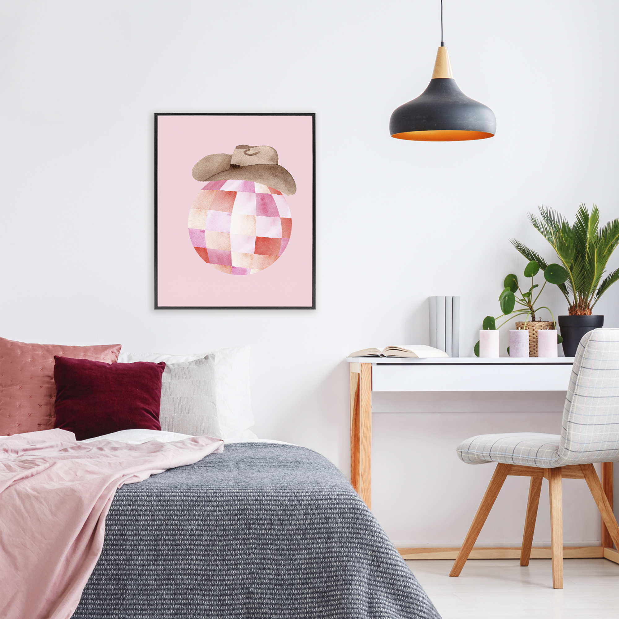 Rosy Disco Cowgirl Hat Black Framed Giclee Art, design by Nina Jacobs