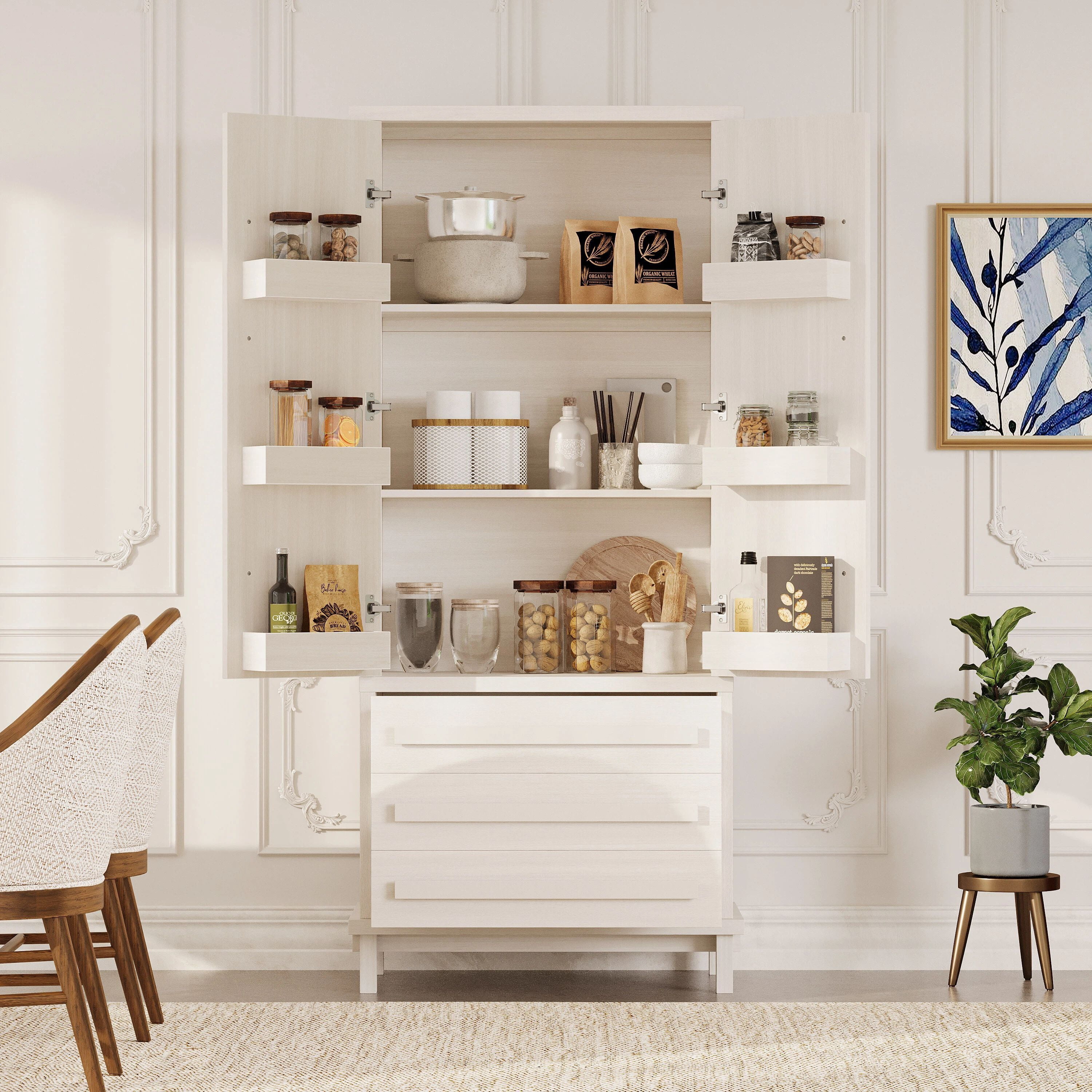 Euroco 70" Kitchen Pantry Cabinet,Large Food Storage Pantry Cabinet with 2 Cabinet Shelves,6 Door Shelves & 3 Drawers,Freestanding Tall Cupboard for Kitchen, Dining Room, Living Room, Bathroom,White