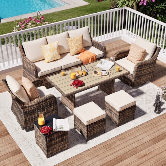 MEISSALIVVE 7 Pieces Patio Furniture Set with Swivel Chairs, Wicker Patio Conversation Set, Outdoor Patio Set with 2 Swivel Rocking Chair & Sofa, 2 Ottomans and Dining Table (Brown)