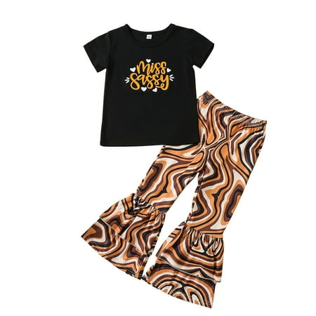 

Boy Clothes Outfit Set Long Pants Suit Girl S Casual Wear Summer Style Small And Medium Sized Girl Alphabet Print Top Flared Pants Suit