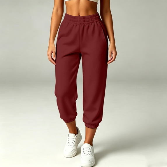 Wensltd Women's Capri Jogger Trousers Solid Elastic Waist Side Pockets Cropped Daily Wear