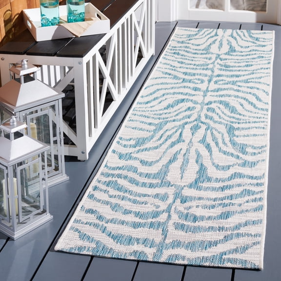 SAFAVIEH Courtyard Gerald Animal Indoor/Outdoor Runner Rug, Ivory/Aqua, 2'3" x 8'